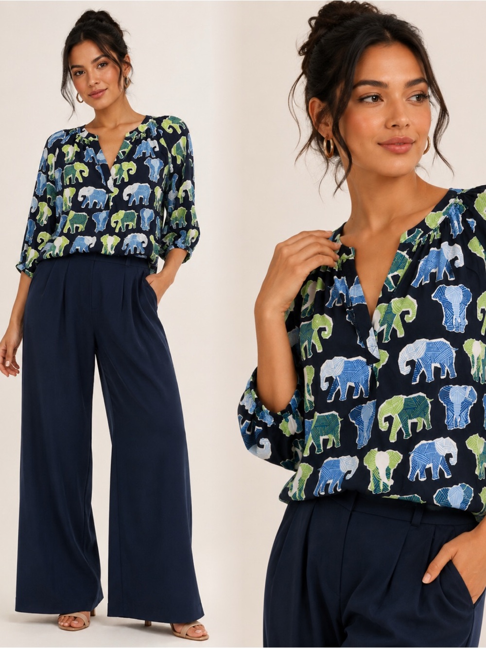 Crown & Ivy Navy Elephant Print Blouse
